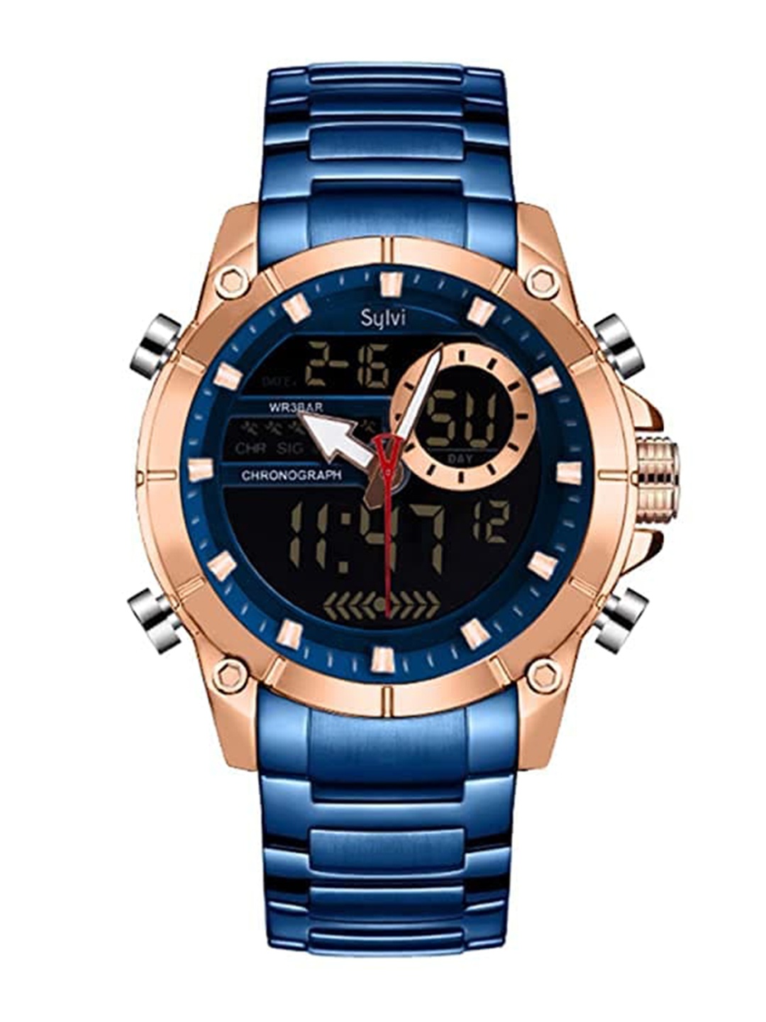 Sylvi Men Rose Gold-Toned Dial & Blue Stainless Steel Bracelet Style Straps Analogue and Digital Watch
Sylvi Men Rose Gold-Toned Dial & Blue Stainless Steel Bracelet Style Straps Analogue and Digital Watch