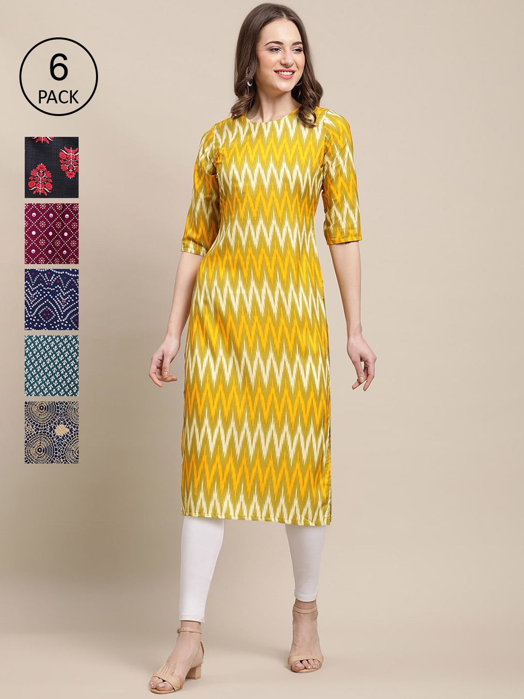 7Threads Women Pack Of 6 Multicoloured Geometric Printed Block Print Crepe Kurta, Multi
7Threads Women Pack Of 6 Multicoloured Geometric Printed Block Print Crepe Kurta, Multi