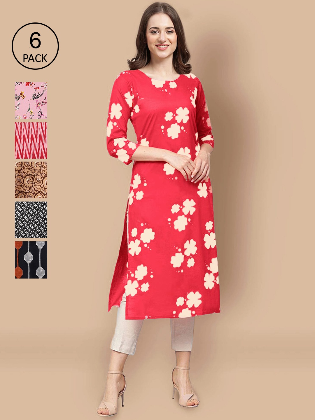 7Threads Women Pack Of 6 Multicoloured Floral Printed Thread Work Block Print Crepe Kurta, Multi
7Threads Women Pack Of 6 Multicoloured Floral Printed Thread Work Block Print Crepe Kurta, Multi