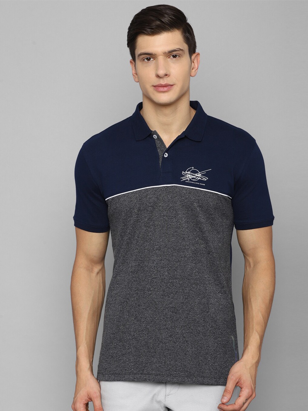 Louis Philippe Jeans Men Grey & Navy Blue Colourblocked Polo Collar Pure Cotton T-shirt
Louis Philippe Jeans Men Grey & Navy Blue Colourblocked Polo Collar Pure Cotton T-shirt