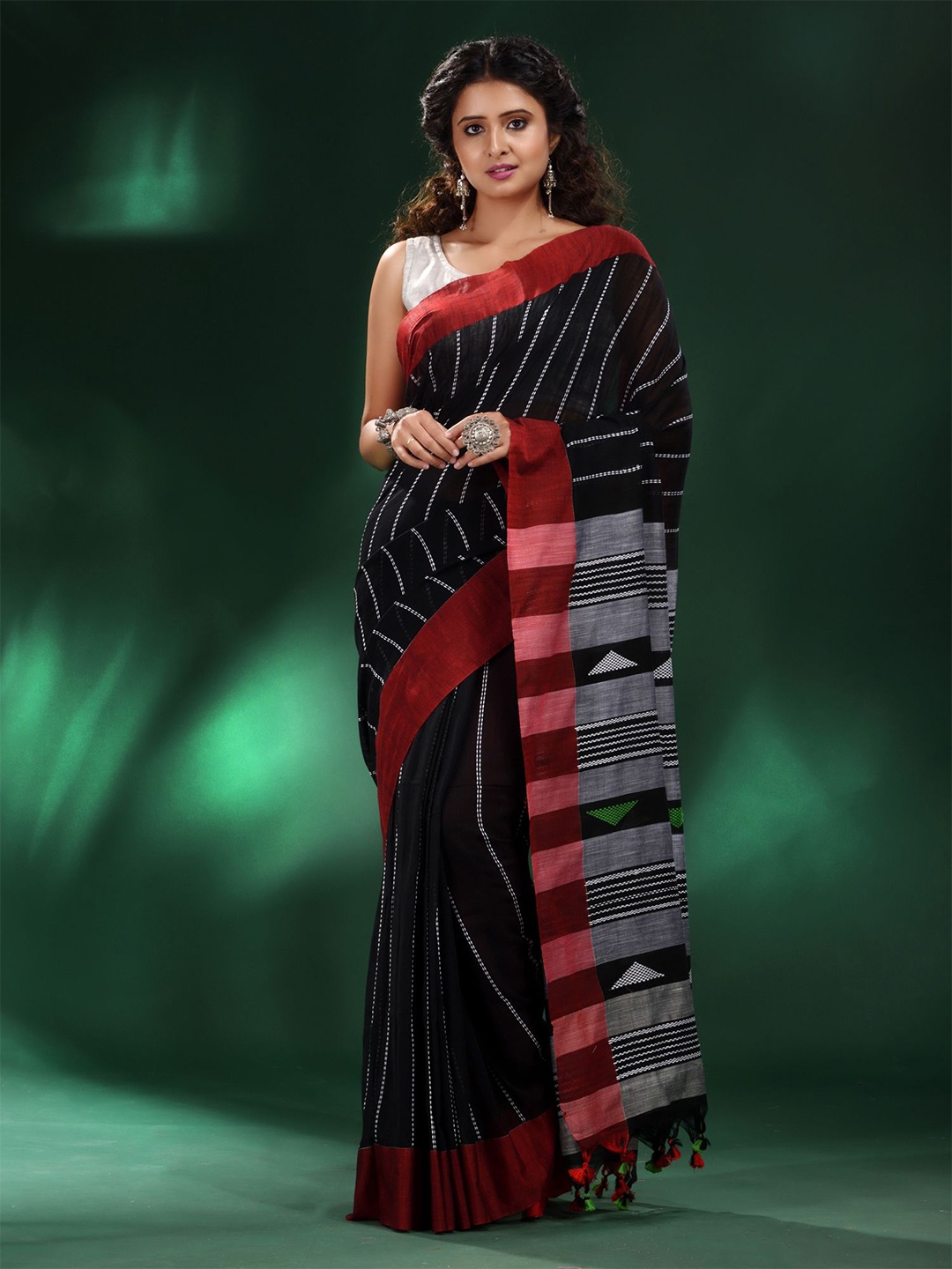 Charukriti Black & Red Striped Pure Cotton Saree