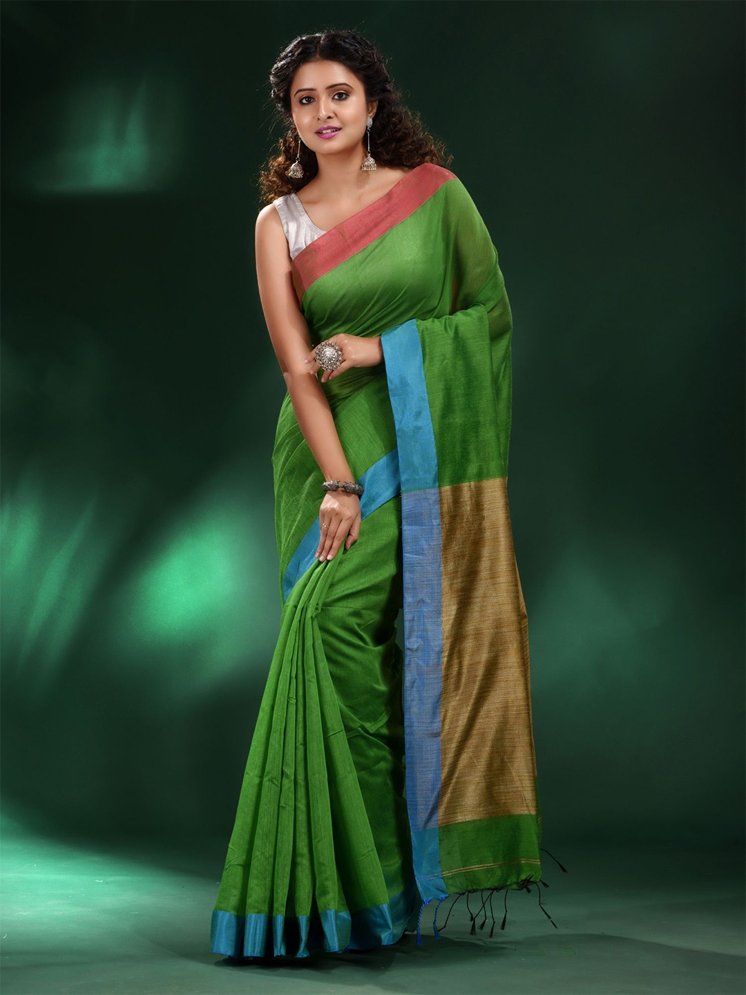 Charukriti Green & Blue Colourblocked Pure Cotton soft Saree