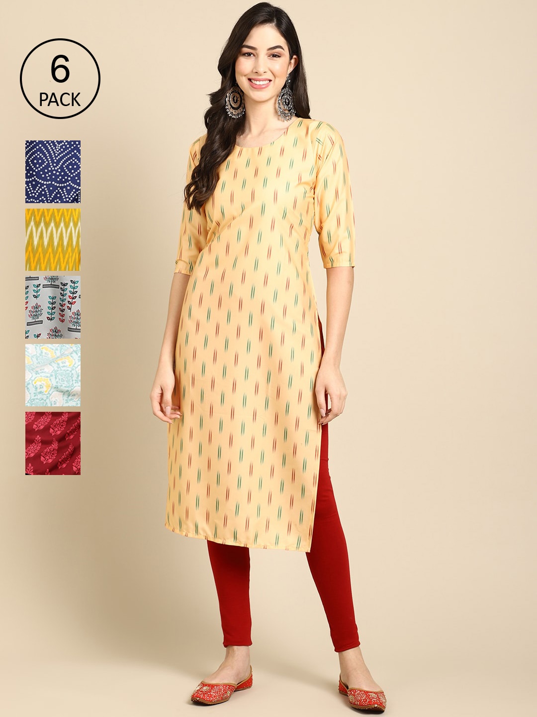 7Threads Pack of 6 Women Multicoloured & Yellow Ethnic Motifs Printed Crepe Kurta, Multi
7Threads Pack of 6 Women Multicoloured & Yellow Ethnic Motifs Printed Crepe Kurta, Multi