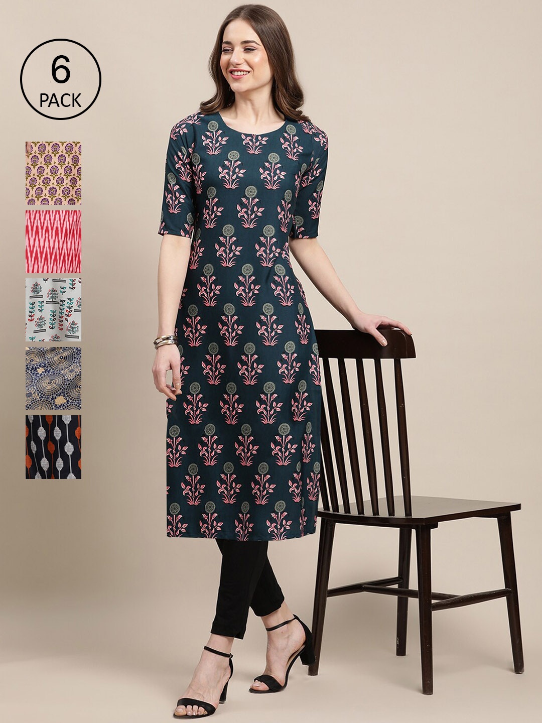 7Threads Pack of 6 Women Multicoloured & Green Ethnic Motifs Printed Crepe Kurta, Multi
7Threads Pack of 6 Women Multicoloured & Green Ethnic Motifs Printed Crepe Kurta, Multi