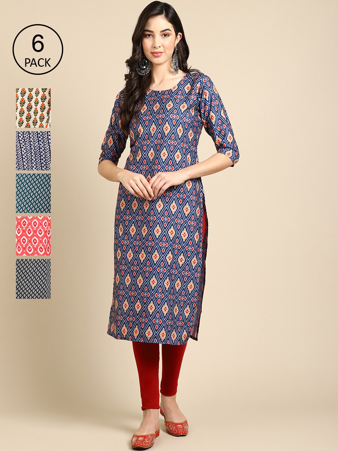 7Threads Pack of 6 Women Multicoloured & Navy Blue Geometric Printed Crepe Kurta, Multi
7Threads Pack of 6 Women Multicoloured & Navy Blue Geometric Printed Crepe Kurta, Multi