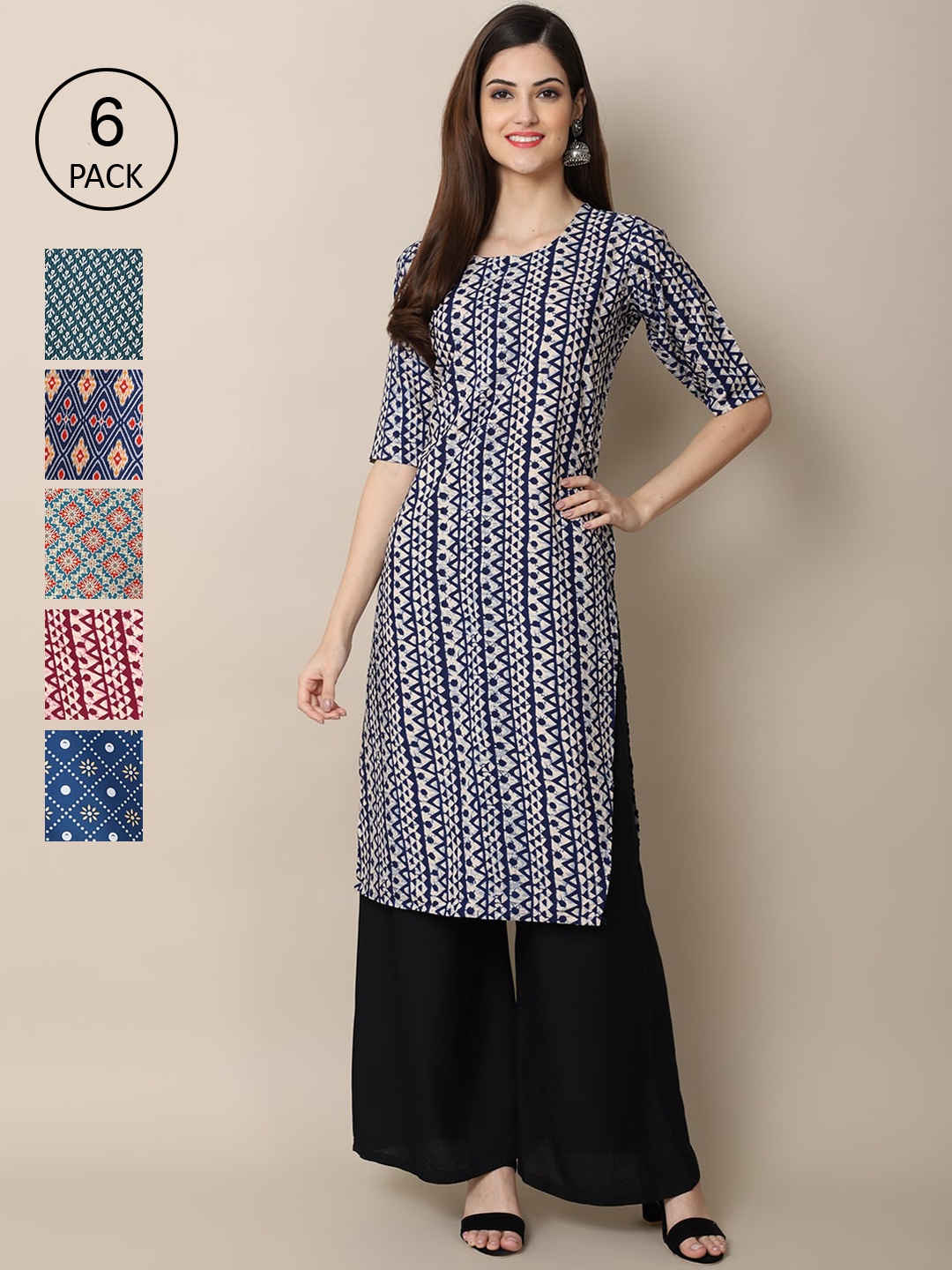 7Threads Pack of 6 Women Multicoloured & Navy Blue Ethnic Motifs Printed Crepe Kurta, Multi
7Threads Pack of 6 Women Multicoloured & Navy Blue Ethnic Motifs Printed Crepe Kurta, Multi