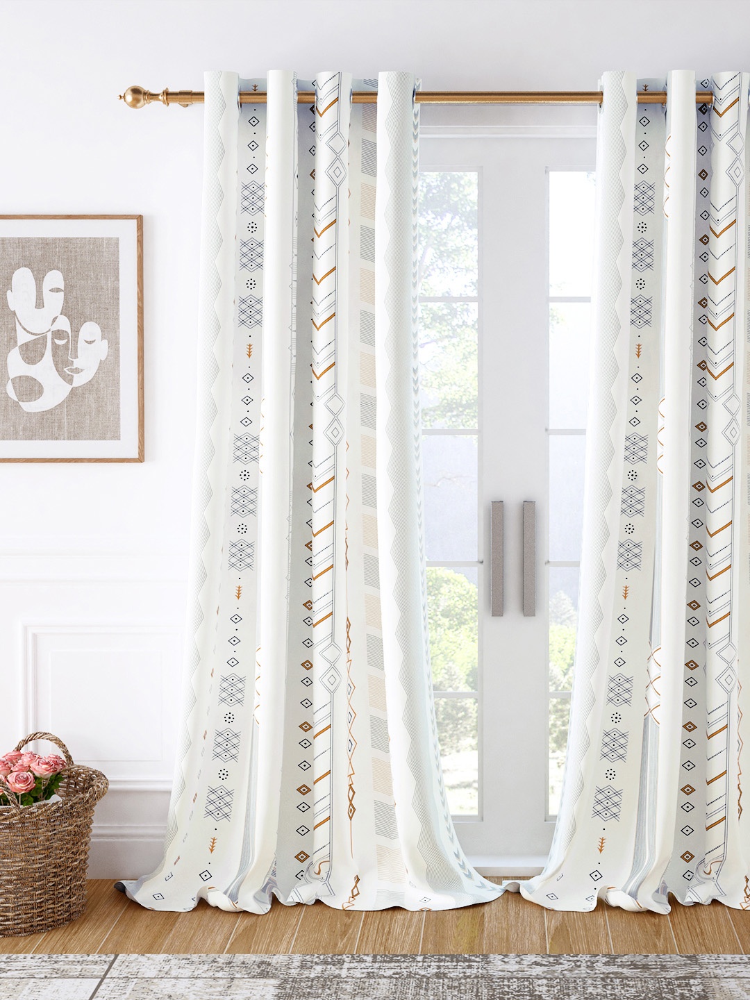Story@home White & Yellow Geometric Room Darkening Door Curtain