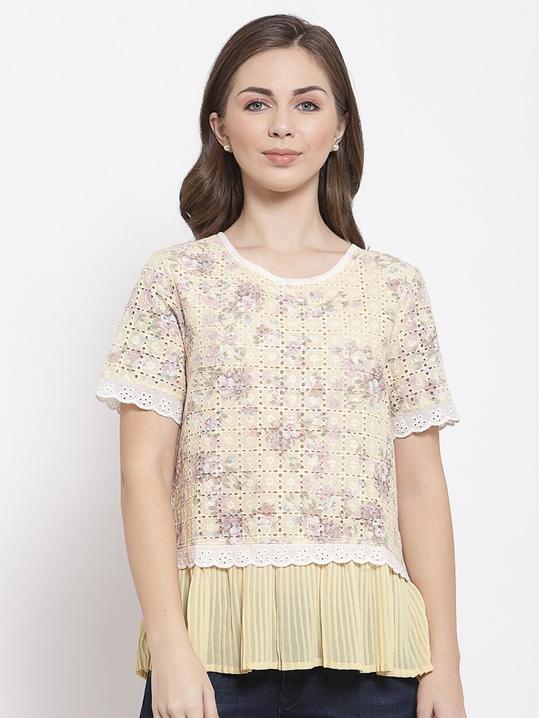 Mafadeny Yellow Floral Print Peplum Top