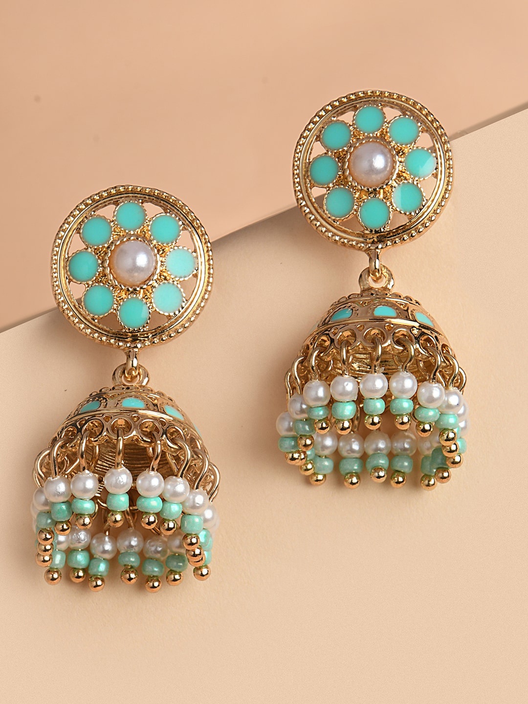 Lilly & sparkle Women Gold-Plated & Turquoise Blue Contemporary Jhumkas Earrings
Lilly & sparkle Women Gold-Plated & Turquoise Blue Contemporary Jhumkas Earrings