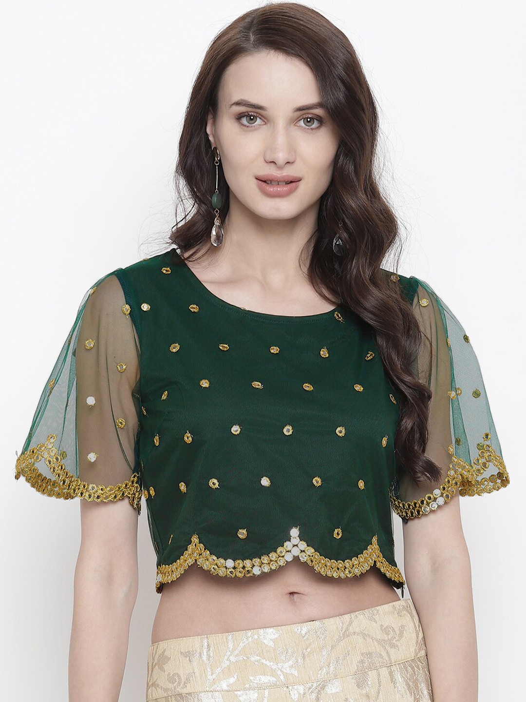 AKIMIA Green & Gold-Toned Embellished Net Crop Top
AKIMIA Green & Gold-Toned Embellished Net Crop Top