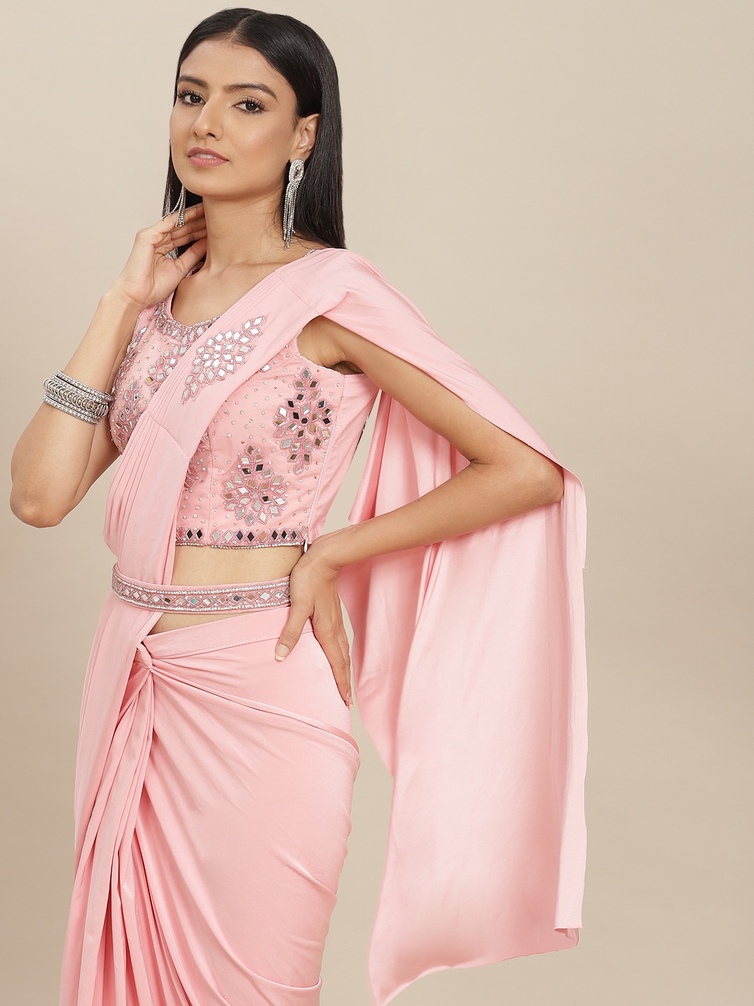 SAARYA Pink Solid Satin Ready to Wear Saree