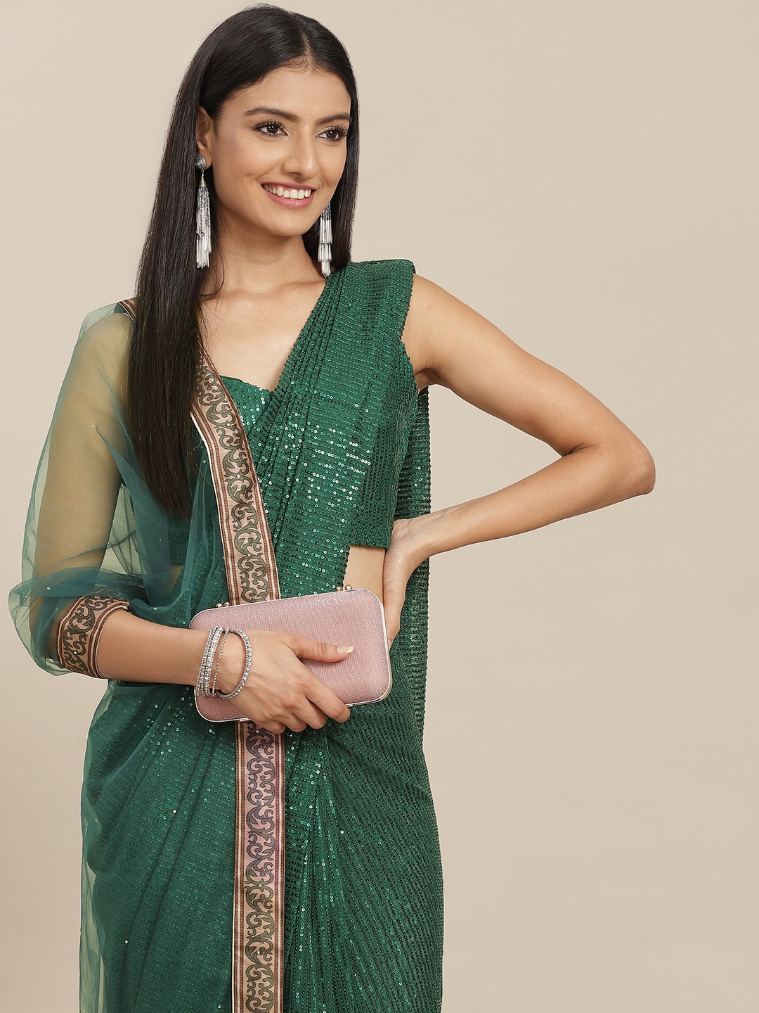 SAARYA Teal Embellished Sequinned Satin Ready to Wear Saree