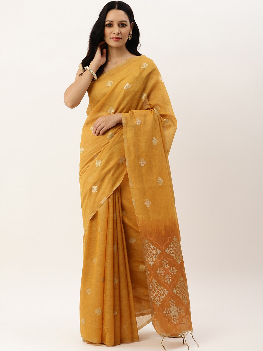 VISHNU WEAVES Yellow & Gold-Toned Woven Design Zari Pure Linen Banarasi Saree
VISHNU WEAVES Yellow & Gold-Toned Woven Design Zari Pure Linen Banarasi Saree
