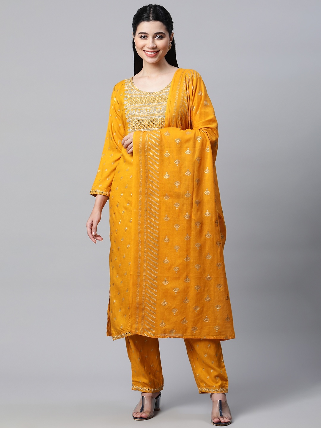mokshi Women Mustard Yellow Ethnic Motifs Printed Mirror Work Kurta with Palazzos & With Dupatta
mokshi Women Mustard Yellow Ethnic Motifs Printed Mirror Work Kurta with Palazzos & With Dupatta