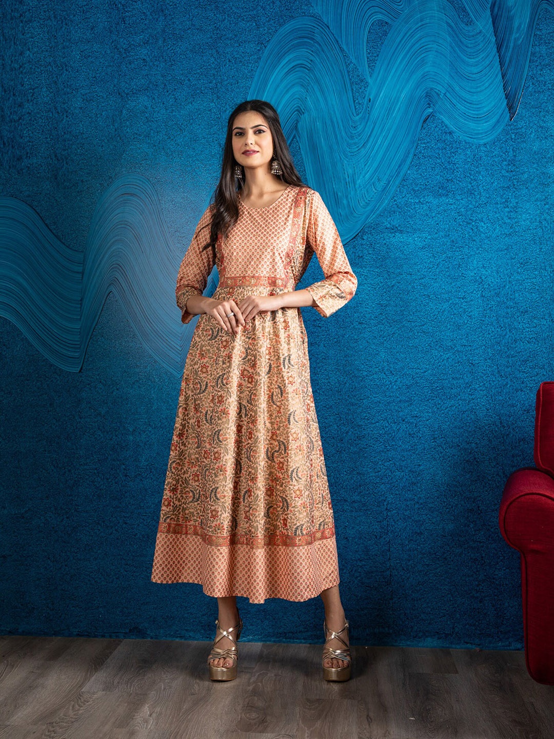 BEATITUDE Women Beige Floral Printed Floral Cotton Anarkali Kurta