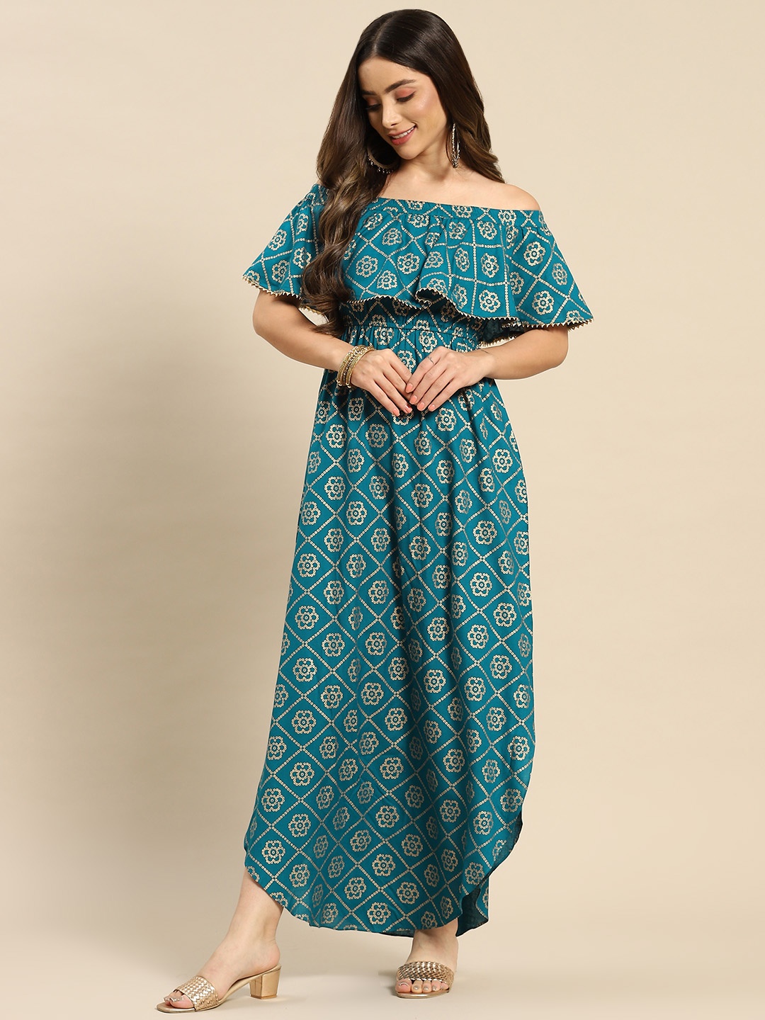 MABISH by Sonal Jain Turquoise Blue Ethnic Motifs Off-Shoulder Layered A-Line Maxi Dress
MABISH by Sonal Jain Turquoise Blue Ethnic Motifs Off-Shoulder Layered A-Line Maxi Dress