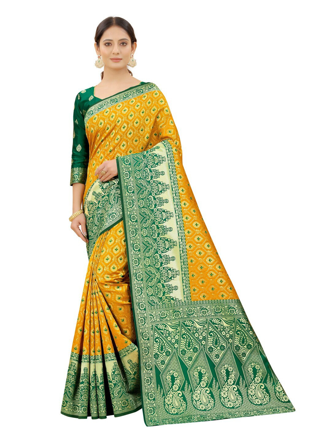 MOKSHA DESIGNS Gold-Toned & Green Ethnic Motifs Zari Pure Silk Banarasi Saree 
MOKSHA DESIGNS Gold-Toned & Green Ethnic Motifs Zari Pure Silk Banarasi Saree