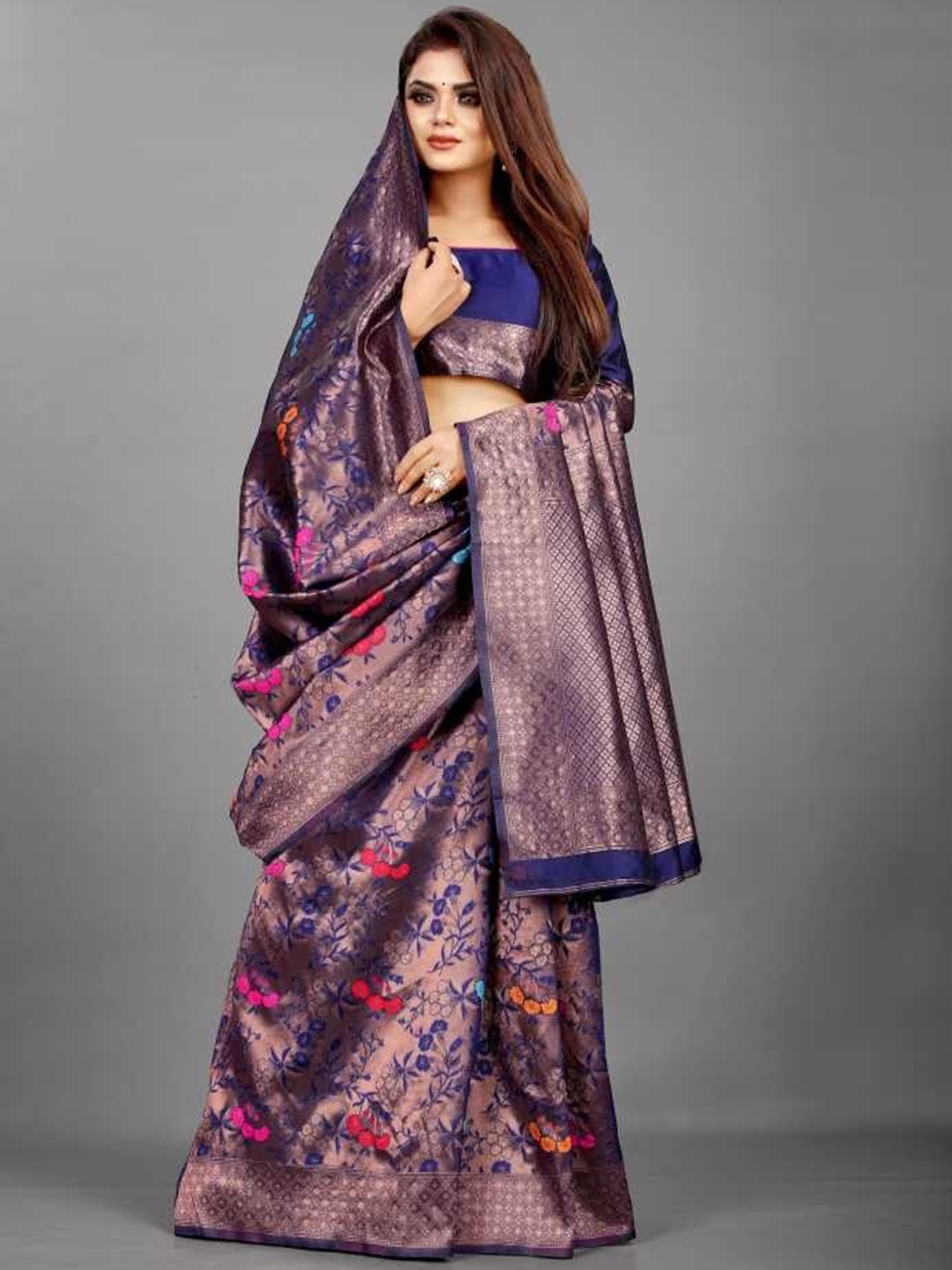 YOYO Fashion Blue & Maroon Floral Woven Design Saree