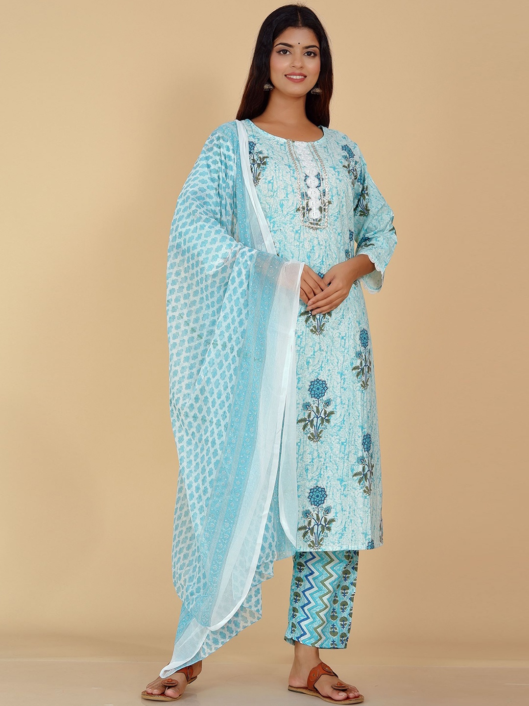 DHRTI Women Blue Floral Embroidered Pleated Pure Cotton Kurti with Trousers & With Dupatta
DHRTI Women Blue Floral Embroidered Pleated Pure Cotton Kurti with Trousers & With Dupatta