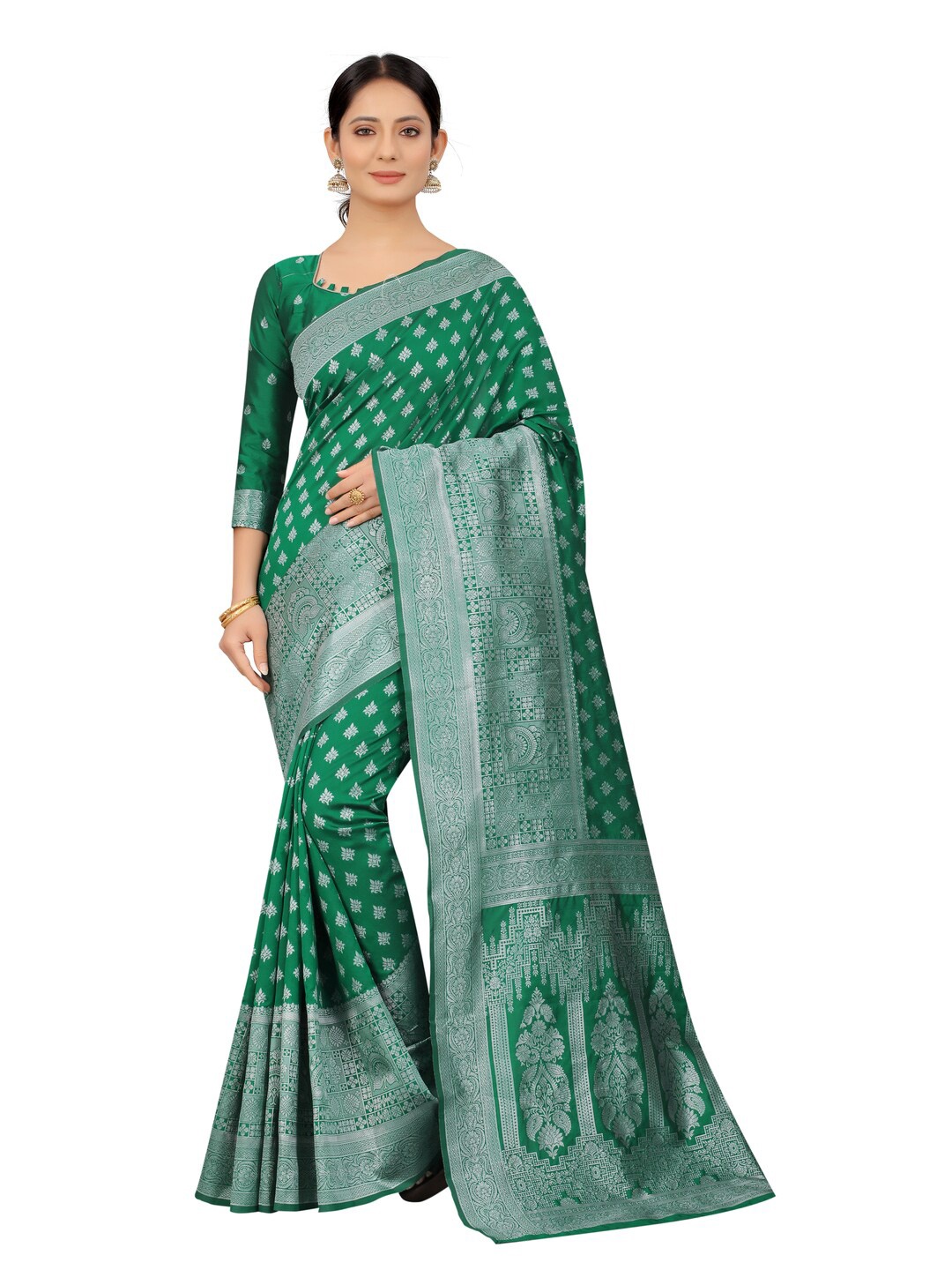 MOKSHA DESIGNS Green And Silver-Toned Woven Design Zari Pure Silk Paithani Saree
MOKSHA DESIGNS Green And Silver-Toned Woven Design Zari Pure Silk Paithani Saree