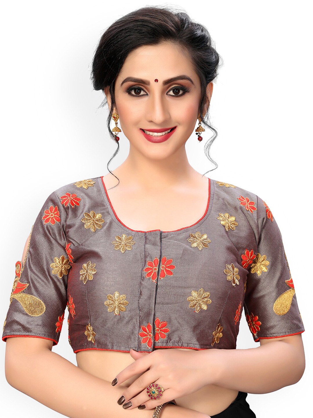 Fab Dadu Grey Embroidered Saree Blouse