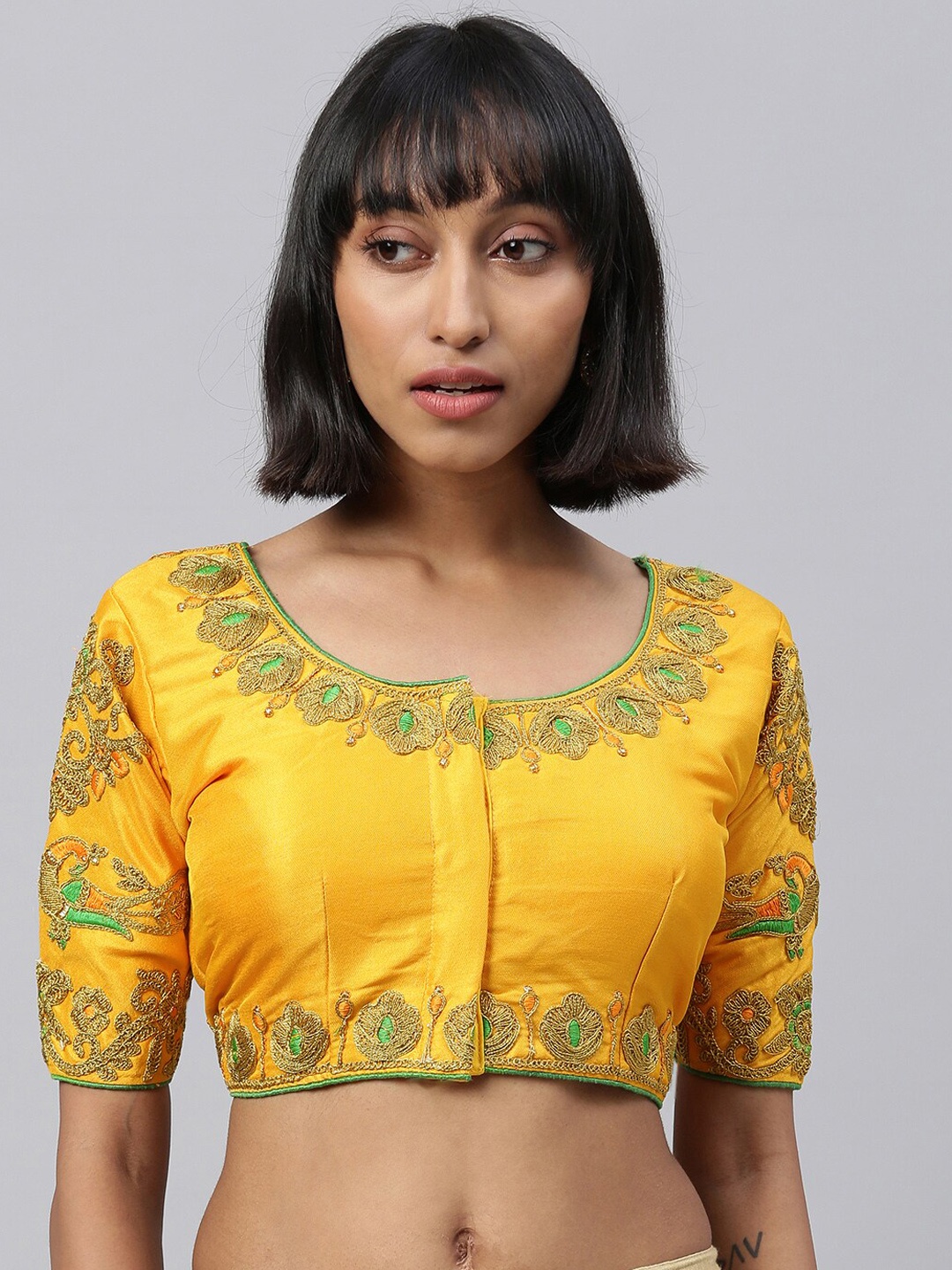 Fab Dadu Yellow & Green Embroidered Saree Blouse