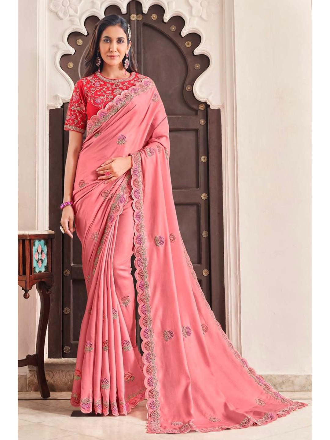 elora Pink & Gold-Toned Floral Embroidered Bhagalpuri Saree
