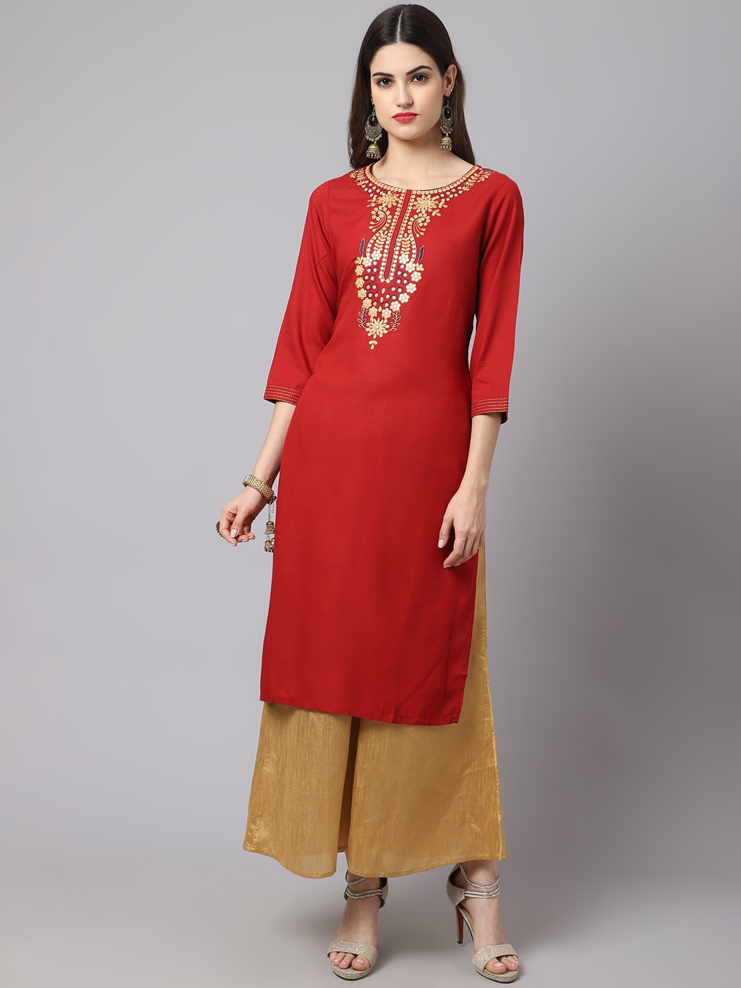 ANAISA Women Maroon Ethnic Motifs Yoke Design Kurta