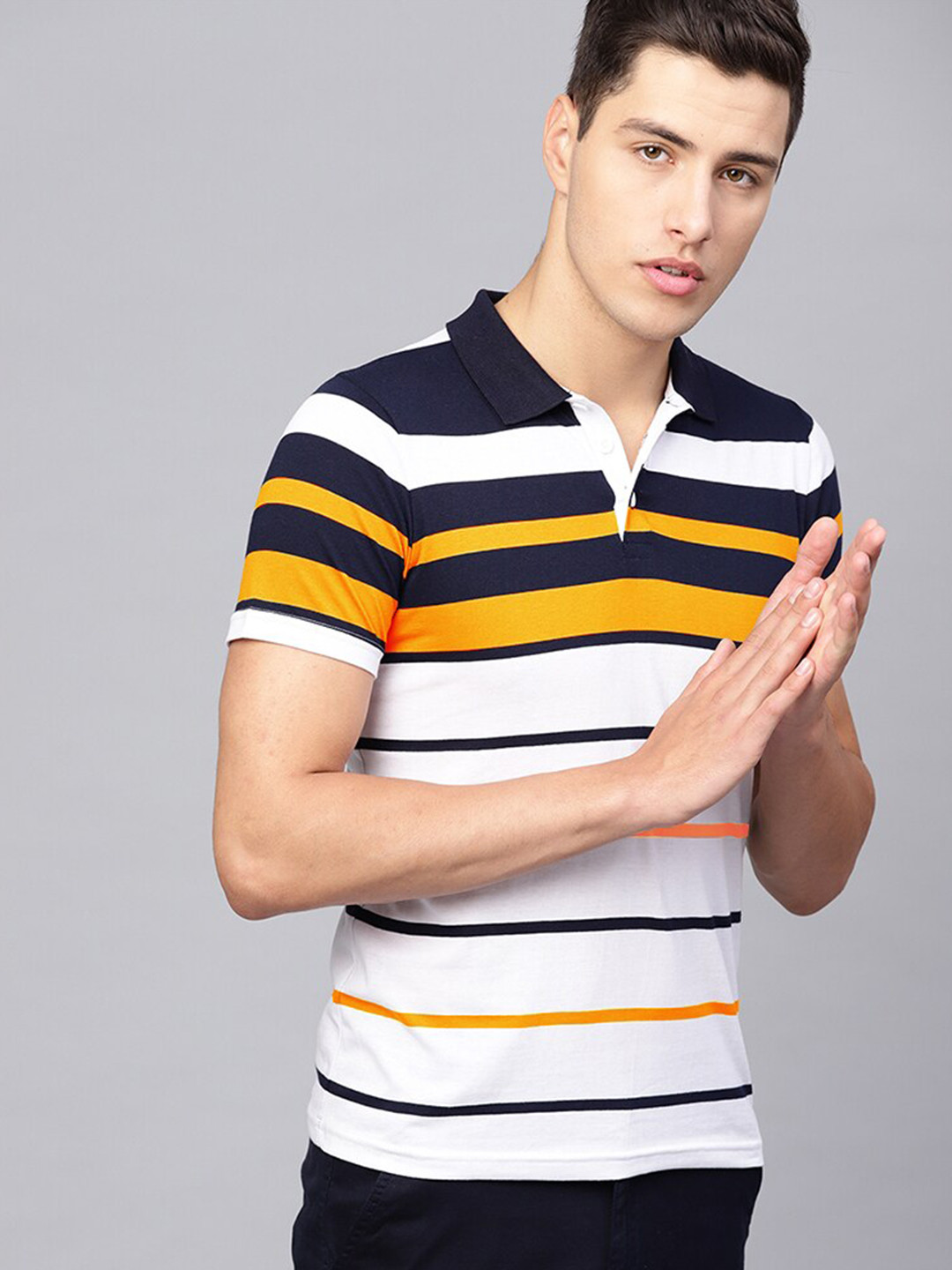 Seven Rocks Men White & Mustard Yellow Striped Cotton Polo Collar T-shirt
Seven Rocks Men White & Mustard Yellow Striped Cotton Polo Collar T-shirt
