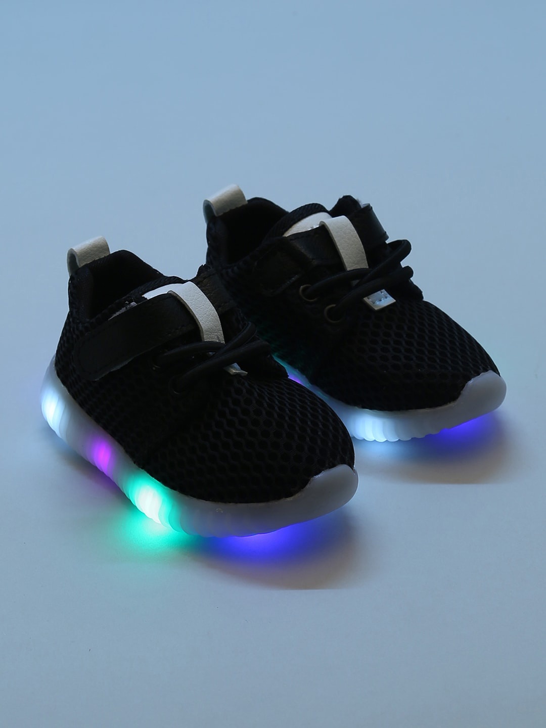 Hopscotch Kids Black Woven Design LED Sneakers
