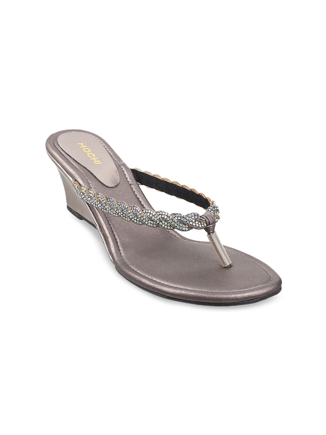 Mochi Grey Embellished Wedge Sandals