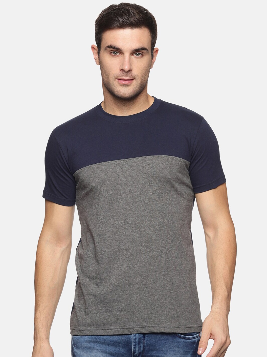 Trends Tower Men Navy Blue & Grey Colourblocked Cotton T-shirt