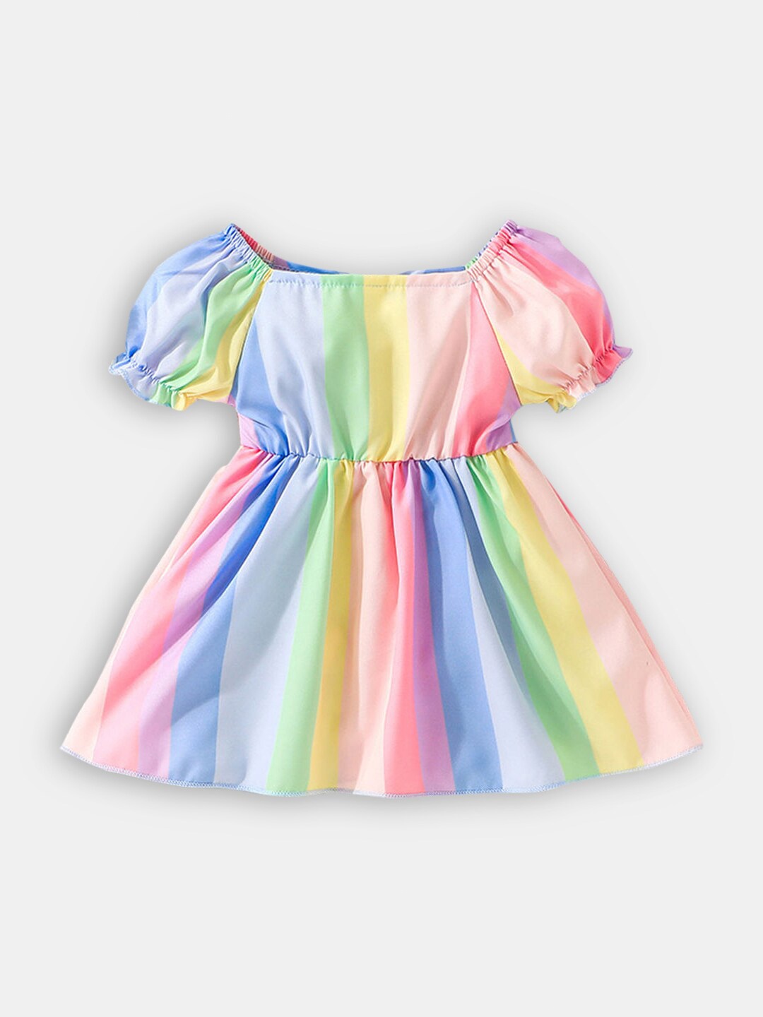 Hopscotch Girls Blue & Peach Striped Fit & Flare Dress