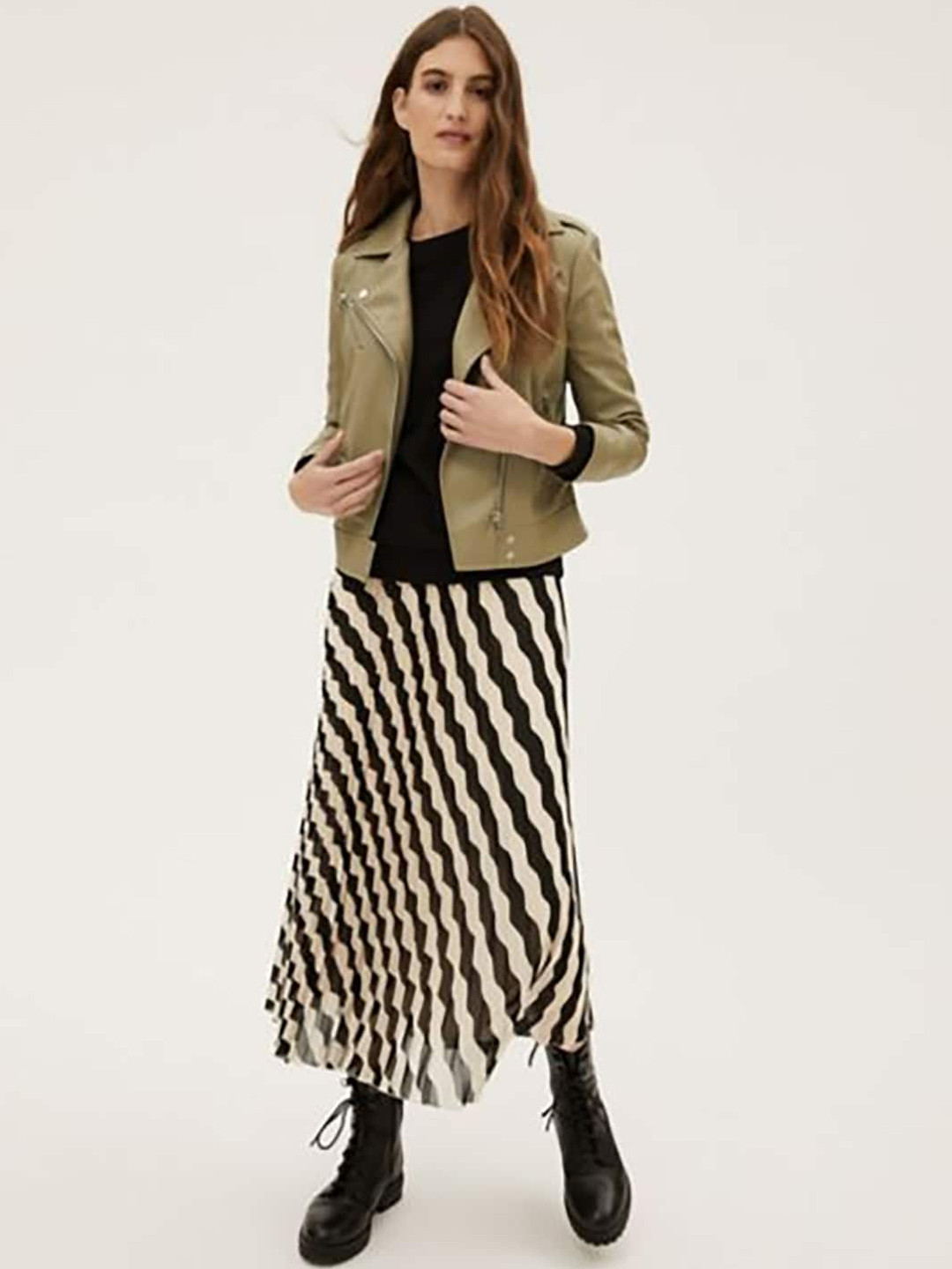 Marks & Spencer Women Khaki Leather Crop Biker Jacket 
Marks & Spencer Women Khaki Leather Crop Biker Jacket