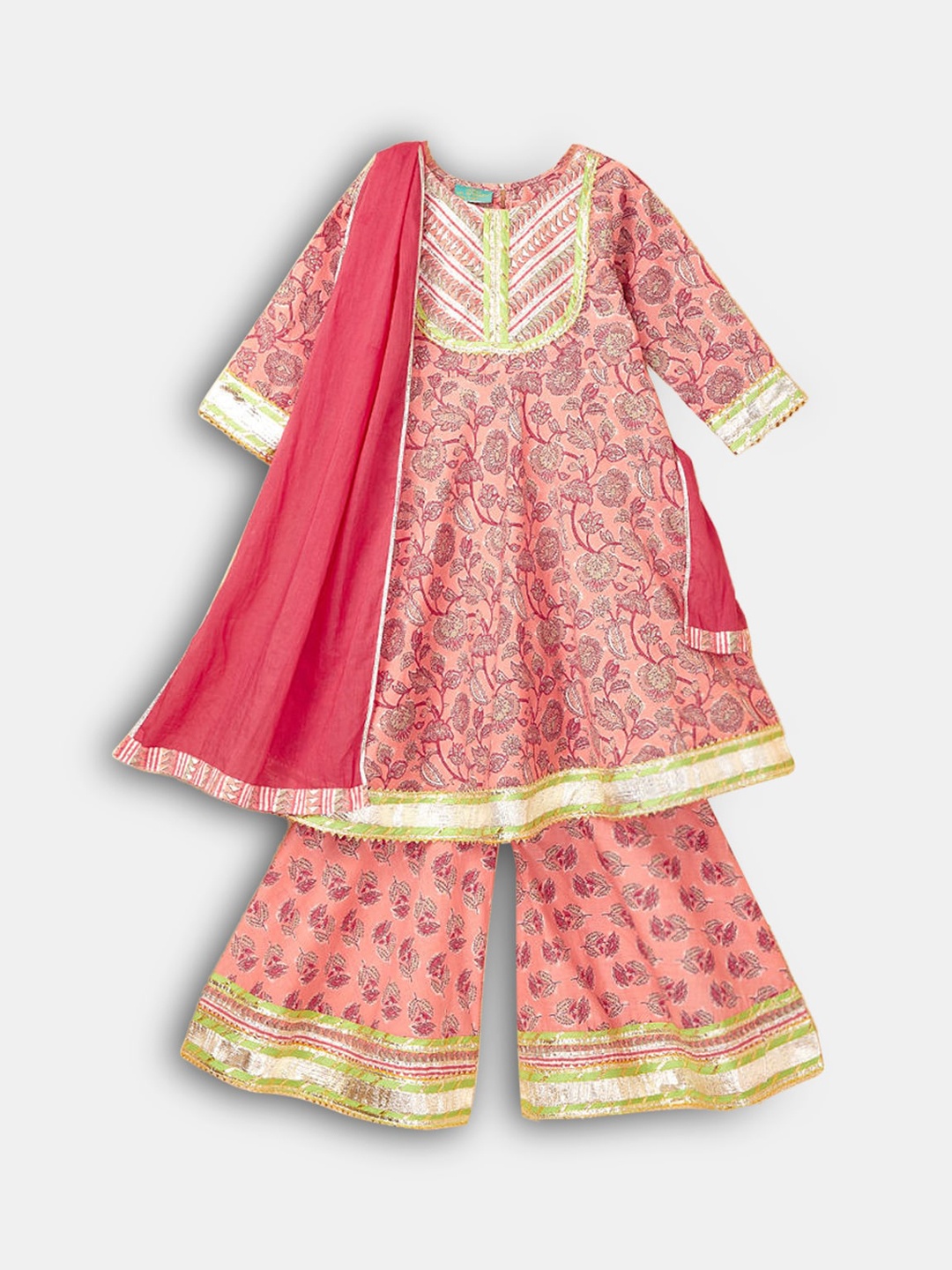 Hopscotch Girls Peach-Coloured Printed Pure Cotton Kurta with Sharara & Dupatta
Hopscotch Girls Peach-Coloured Printed Pure Cotton Kurta with Sharara & Dupatta