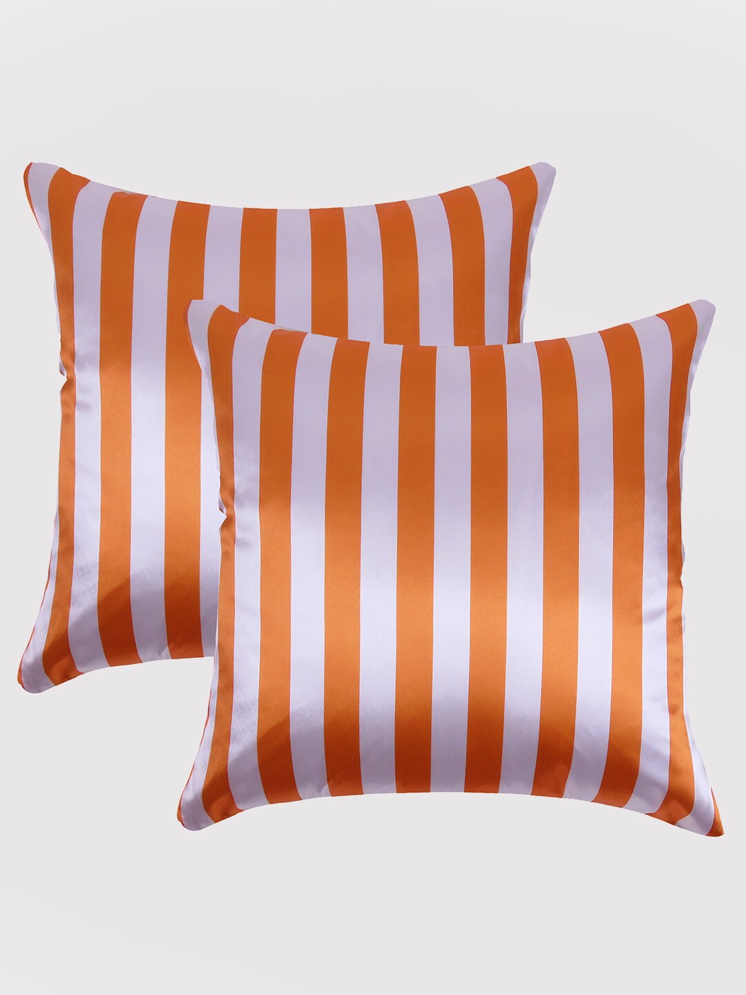 OUSSUM Orange & White Set of 2 Striped Satin Square Cushion Covers
