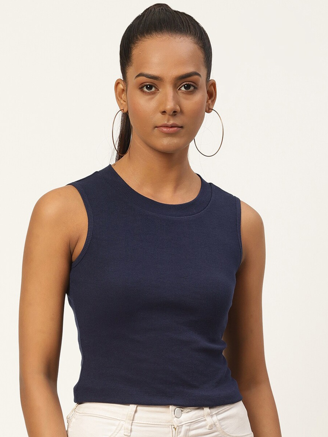 HILL STREET Navy Blue Ribbed Pure Cotton Top