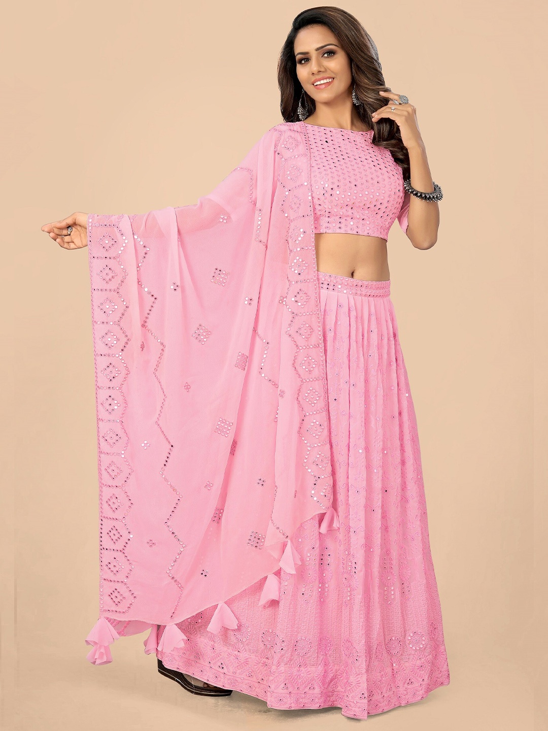 Nityanta Fab Pink & Silver-Toned Semi-Stitched Lehenga & Unstitched Blouse With Dupatta
Nityanta Fab Pink & Silver-Toned Semi-Stitched Lehenga & Unstitched Blouse With Dupatta