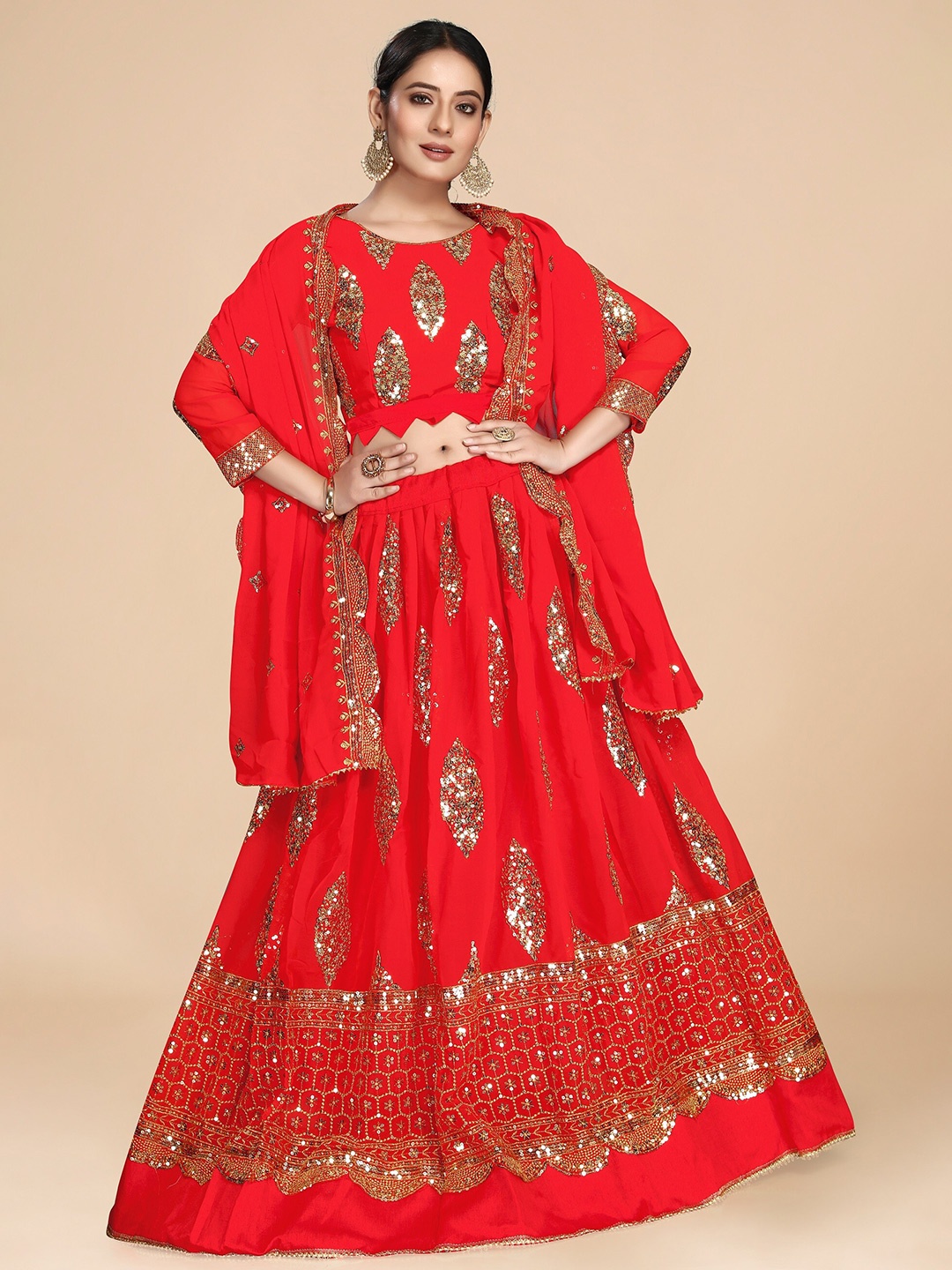 Nityanta Fab Red & Gold-Toned Embroidered Zardozi Semi-Stitched Lehenga & Unstitched Blouse With Dupatta
Nityanta Fab Red & Gold-Toned Embroidered Zardozi Semi-Stitched Lehenga & Unstitched Blouse With Dupatta