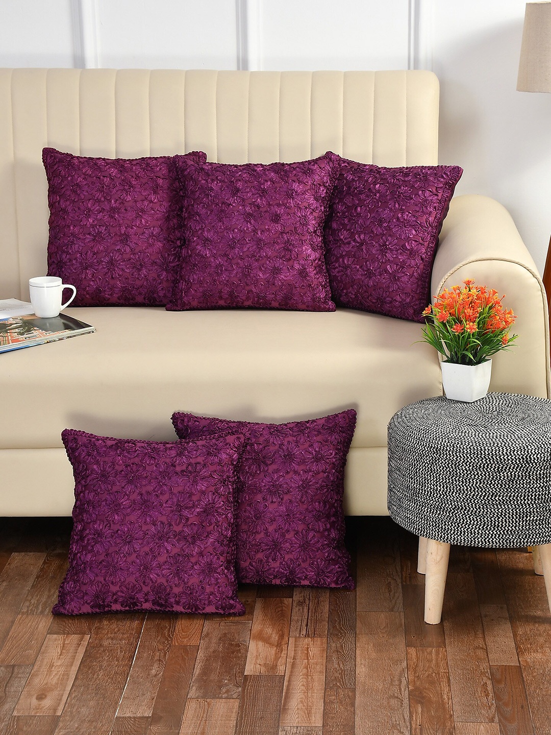 Bajo's Purple Set of 5 Embroidered Square Cushion Covers