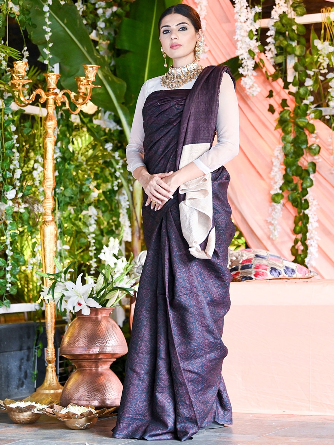 BEATITUDE Women Purple Printed Pure Silk Saree