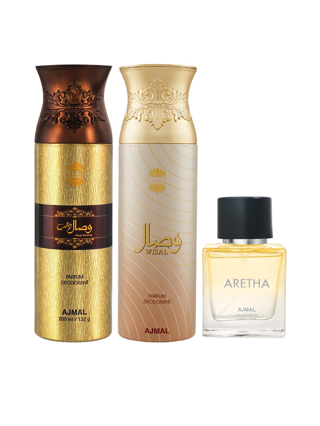 Ajmal Wisal Dhahab Deodorant 200ml + Wisal Deodorant 200ml + Aretha Eau De Parfum 50ml, Gold
Ajmal Wisal Dhahab Deodorant 200ml + Wisal Deodorant 200ml + Aretha Eau De Parfum 50ml, Gold