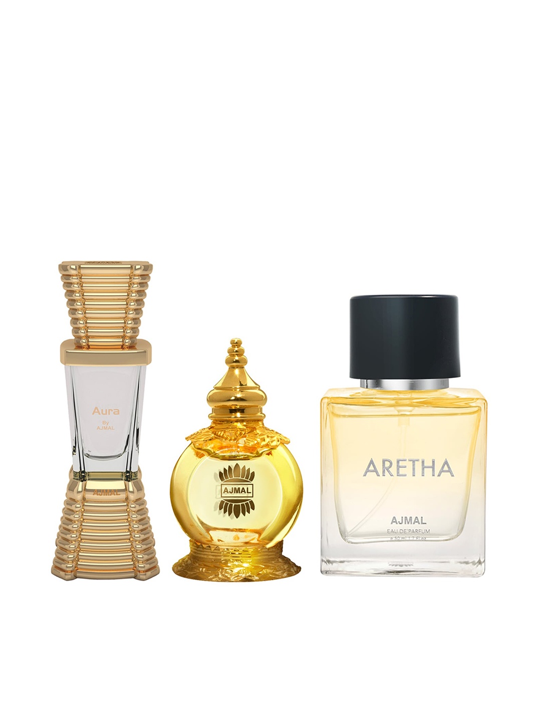 Ajmal Set of Aura 10 ml + Mukhallat Al Wafa Concentrated Perfume 2 ml + Aretha EDP 50 ml, Yellow
Ajmal Set of Aura 10 ml + Mukhallat Al Wafa Concentrated Perfume 2 ml + Aretha EDP 50 ml, Yellow