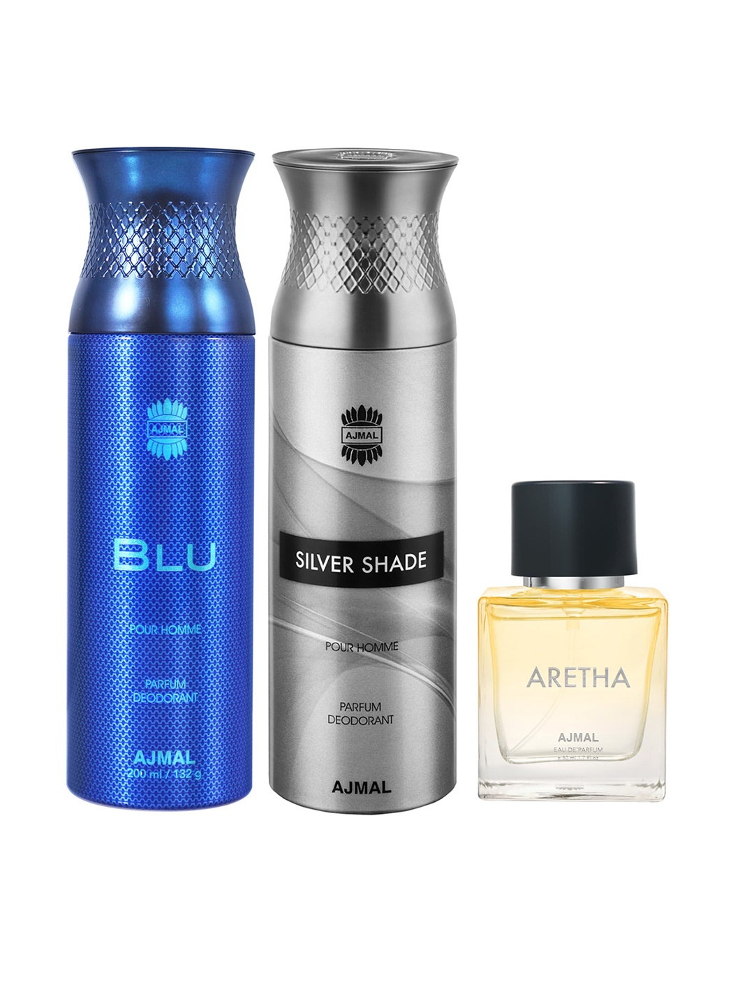 Ajmal Men Blu Deodorant 200ml + Men Silver Shade Deodorant 200ml + Aretha EDP 50ml, Yellow
Ajmal Men Blu Deodorant 200ml + Men Silver Shade Deodorant 200ml + Aretha EDP 50ml, Yellow
