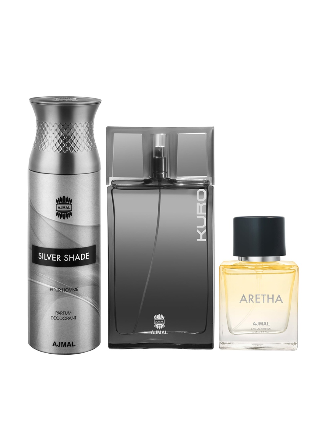Ajmal Kuro Eau De Parfum 90 ml + Men Silver Shade Deo 200 ml + Aretha Eau De Parfum 50 ml
Ajmal Kuro Eau De Parfum 90 ml + Men Silver Shade Deo 200 ml + Aretha Eau De Parfum 50 ml
