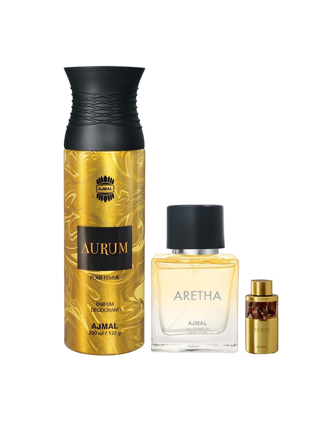 Ajmal Aurum Concentrated Perfume 10ml + Women Aurum Deo 200ml + Aretha Eau De Parfum 50ml, Gold
Ajmal Aurum Concentrated Perfume 10ml + Women Aurum Deo 200ml + Aretha Eau De Parfum 50ml, Gold