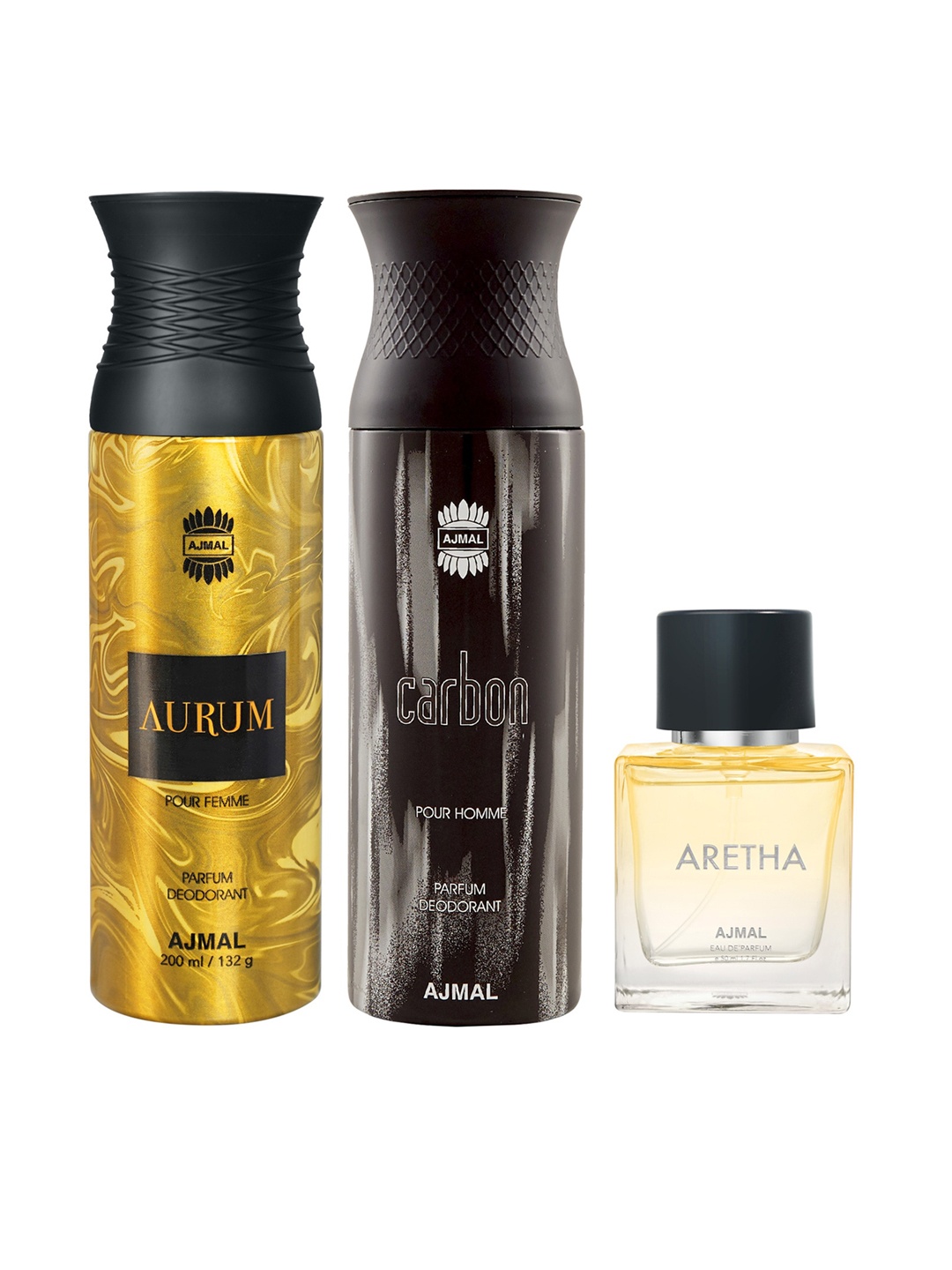 Ajmal Set Of 3 Carbon Homme Deodorant Aurum Femme Deodorant & Aretha EDP 450ml, Yellow
Ajmal Set Of 3 Carbon Homme Deodorant Aurum Femme Deodorant & Aretha EDP 450ml, Yellow