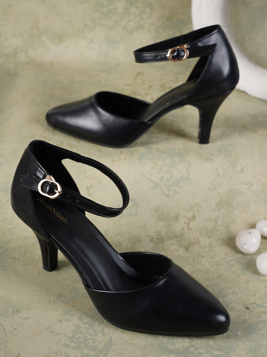HEELSNFEELS Black Party Kitten Pumps with Buckle Heels