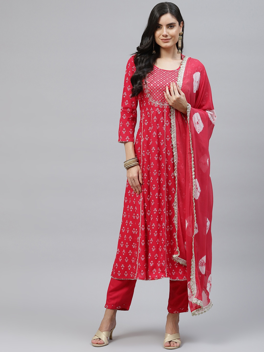 KALINI Women Red Printed Empire Embroidered Work Kurta with Trousers & Dupatta
KALINI Women Red Printed Empire Embroidered Work Kurta with Trousers & Dupatta