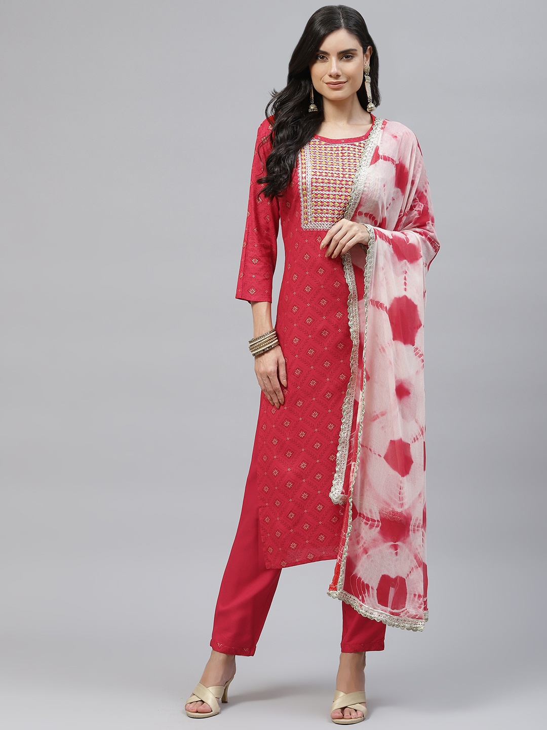 KALINI Women Red Ethnic Motifs Printed Embroidered Kurta with Trousers & With Dupatta
KALINI Women Red Ethnic Motifs Printed Embroidered Kurta with Trousers & With Dupatta